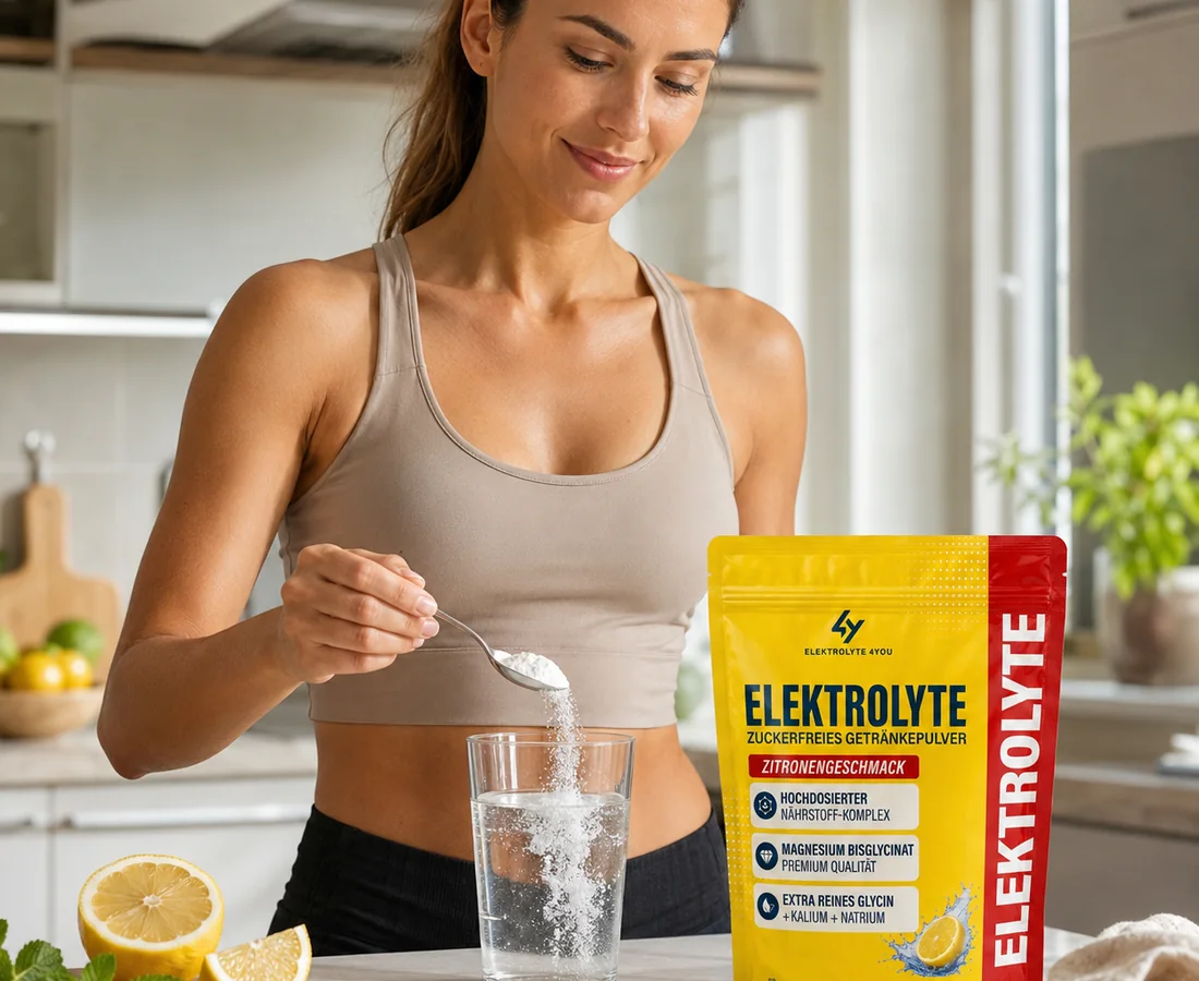 Elektrolyte 4You wird mit einem Löffel in Wasser gegeben